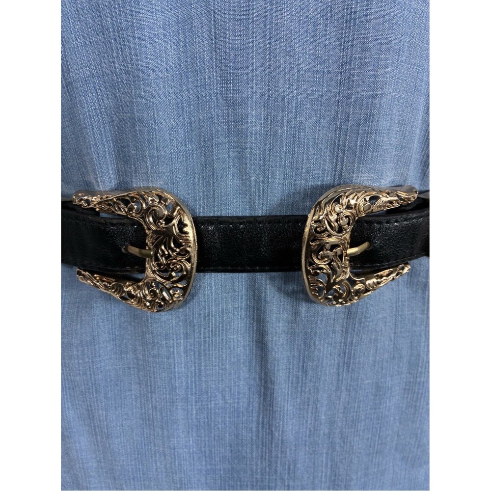 Womens belt 32” Black Faux Leather Western Double-Buckle Gold Filigree Buckles
